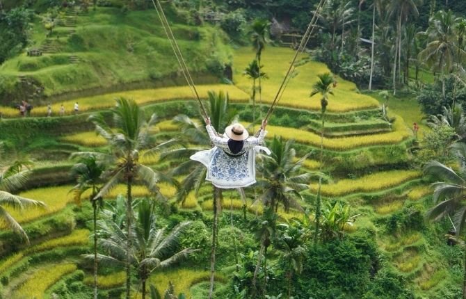 Swinging over Tegallalang rice terraces on Tanah Lot tour Bali